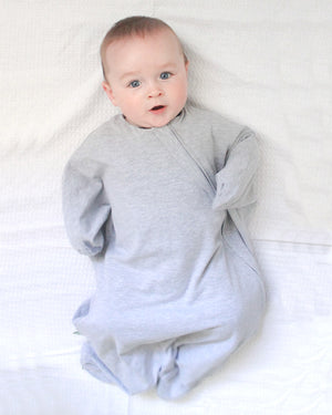Heather grey baby sleep sack for gentle swaddle transitioning suitable for all seasons.