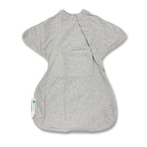 Heather grey organic cotton baby sleep sack for gentle swaddle transitioning.