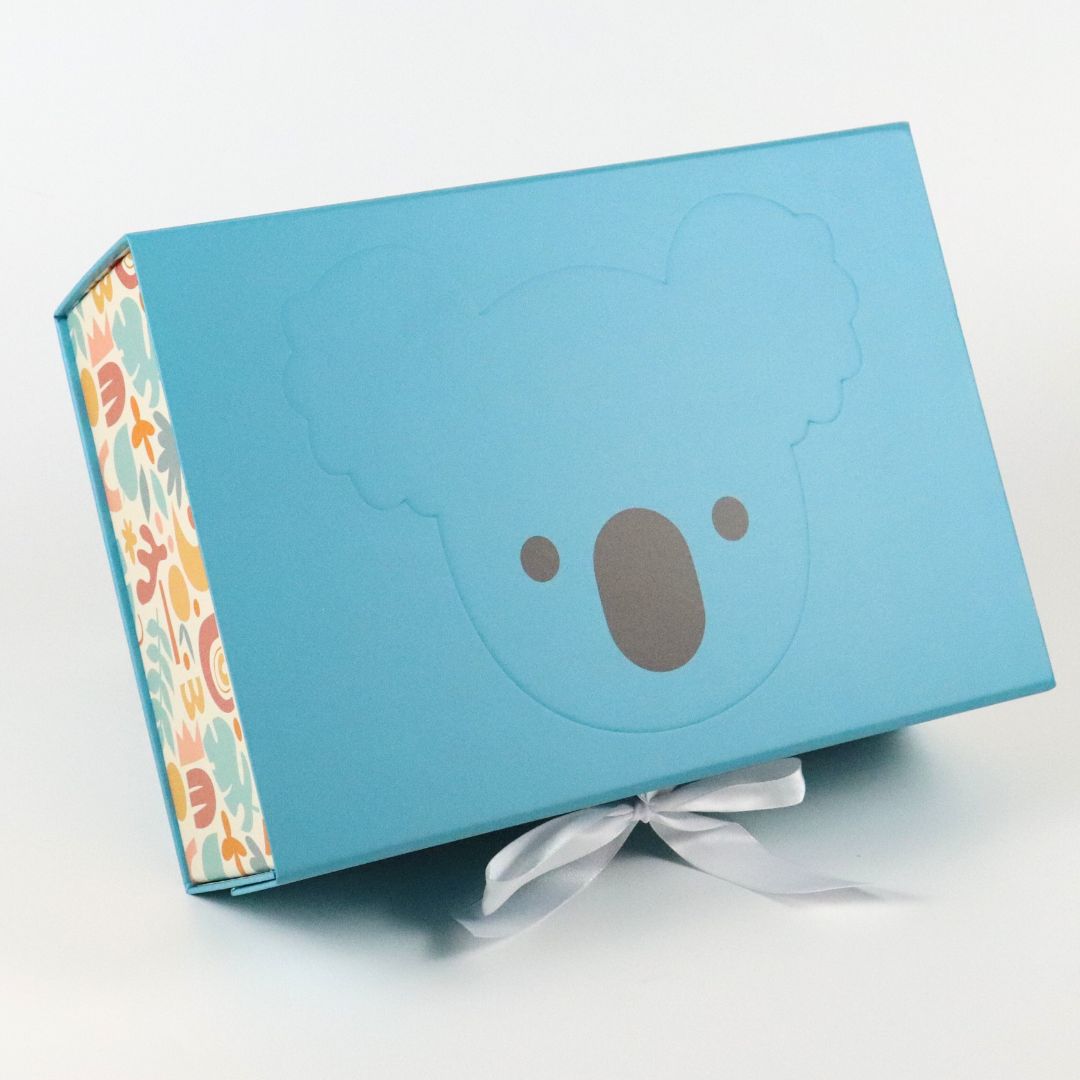 A modern baby keepsake box with a koala embossing designed by Baby Loves Sleep