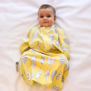 The Sleepy Hugs sleep sack for gentle swaddle transitioning, has a two way zipper top and bottom opening for easy diaper changes, the wide sack design is hip-friendly and fits a hip-dysplasia brace, helps startle reflex, perfect for tummy rollers.