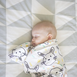The Sleepy Hugs sleep sack for gentle swaddle transitioning, has a two way zipper top and bottom opening for easy diaper changes, the wide sack design is hip-friendly and fits a hip-dysplasia brace, helps startle reflex, perfect for tummy rollers.