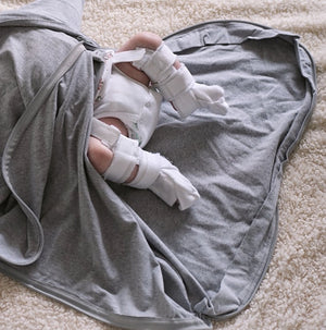 Baby sleeping bag for hip harness brace, rhino brace, pavlik harness.