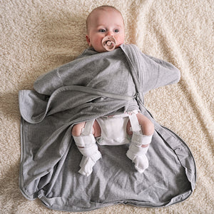 Baby sleep sack for babies wearing a hip dysplasia brace